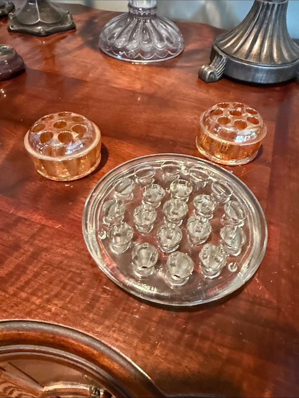 Vintage Glass Flower Frog Pin Holder Set - Clear and Amber